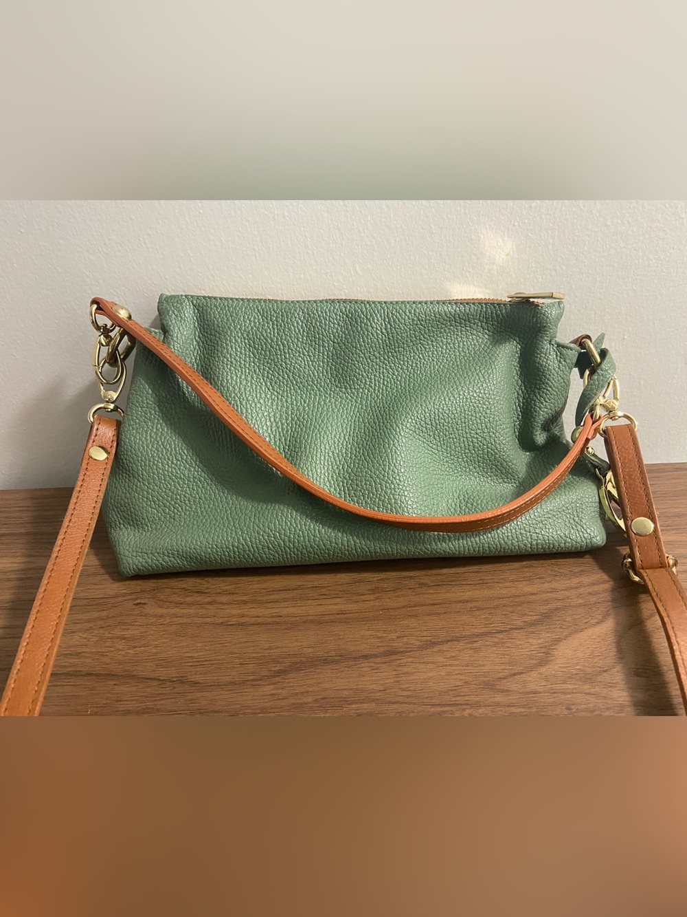Valentina Women’s Green Leather Crossbody Bag with Tan Strap